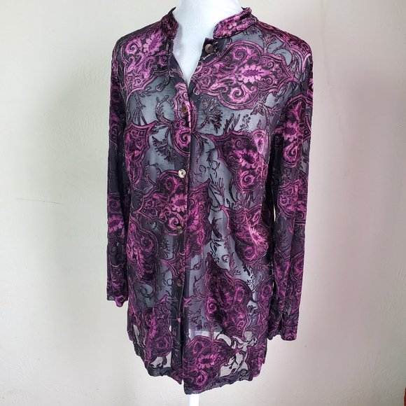 Vintage Women Size Med Petite Purple Velvet Floral Semi Sheer Long Sleeve Blouse - Picture 1 of 13